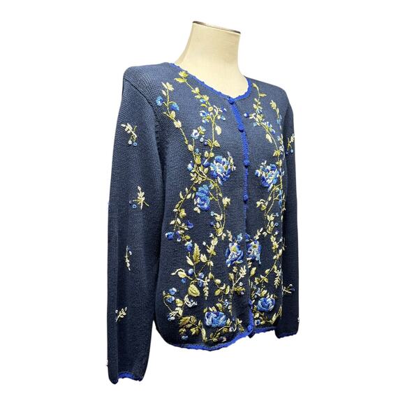 All Points Reference Point Vintage Button Up Cardigan Sweater Floral Blue Medium - Picture 6 of 7